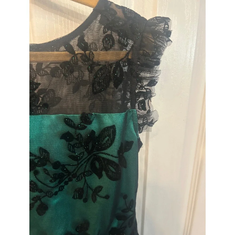 Bonnie Jean Dress Green Black Lace Floral Velvet Bow Holiday Party Formal Size 8